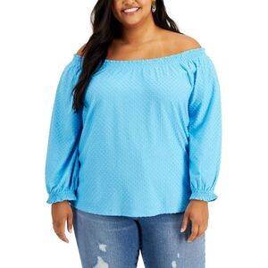 Style Co Plus Size Off-the-Shoulder Swiss Dot Top, Aqua Blue, Sz. 3X